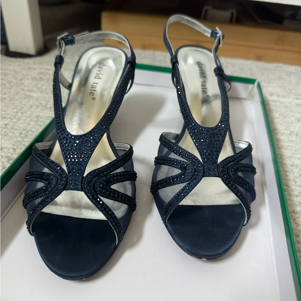 David Tate Navy Satin Open-Toe Crystal Slingback Heels - Picture 3 of 10